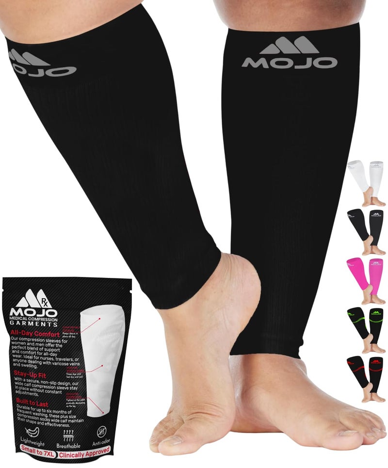 Mojo Compression Socks - Extra Wide 4XL Plus Size Compression Sleeves for Swollen Calves - Footless Compression Socks for Men and Women, Black, 20-30 mmHg - 1 Pair - Image 1